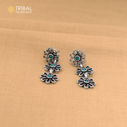 925 sterling silver floral style turquoise stone 2 line necklace set ethnic jewelry set873