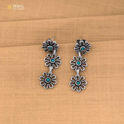 925 sterling silver floral style turquoise stone 2 line necklace set ethnic jewelry set873