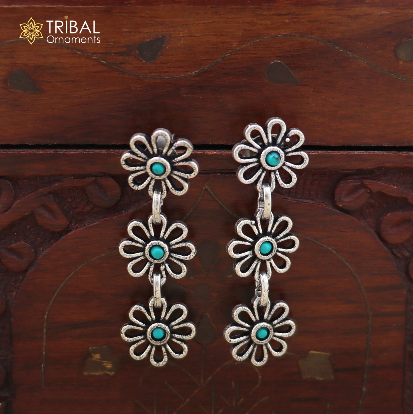 925 sterling silver floral style turquoise stone 2 line necklace set ethnic jewelry set873