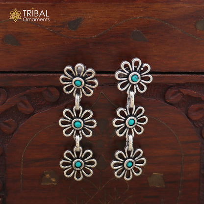 925 sterling silver floral style turquoise stone 2 line necklace set ethnic jewelry set873