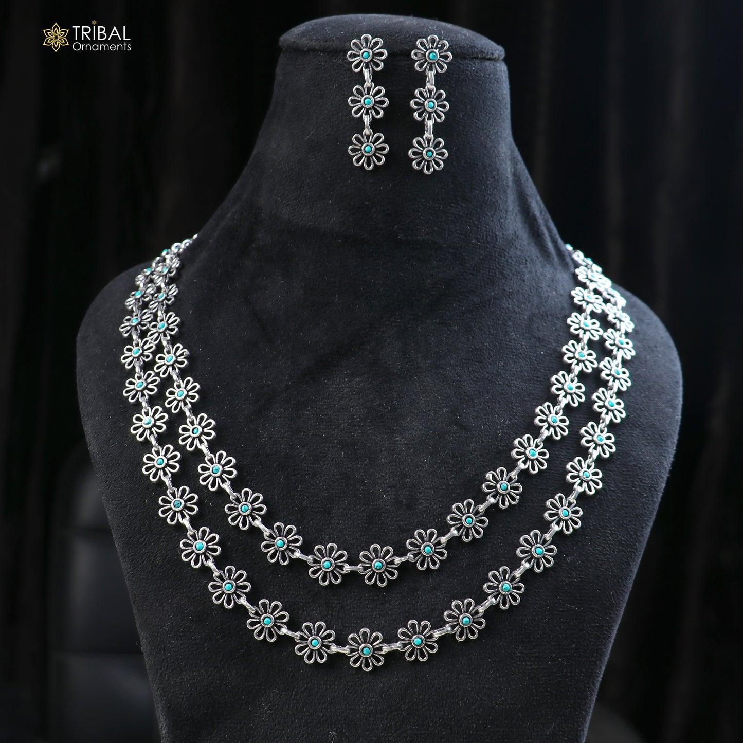 925 sterling silver floral style turquoise stone 2 line necklace set ethnic jewelry set873