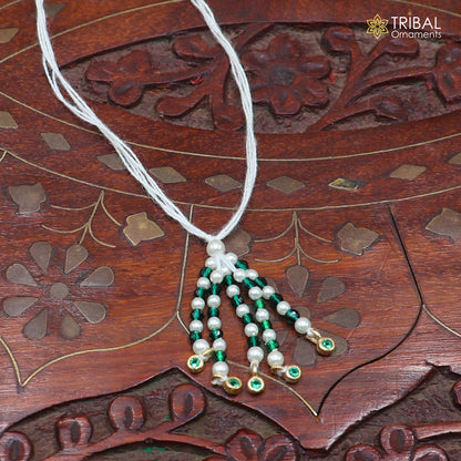 925 sterling silver pearl style green stone necklace for idols or god statues gold polished jewelry set876