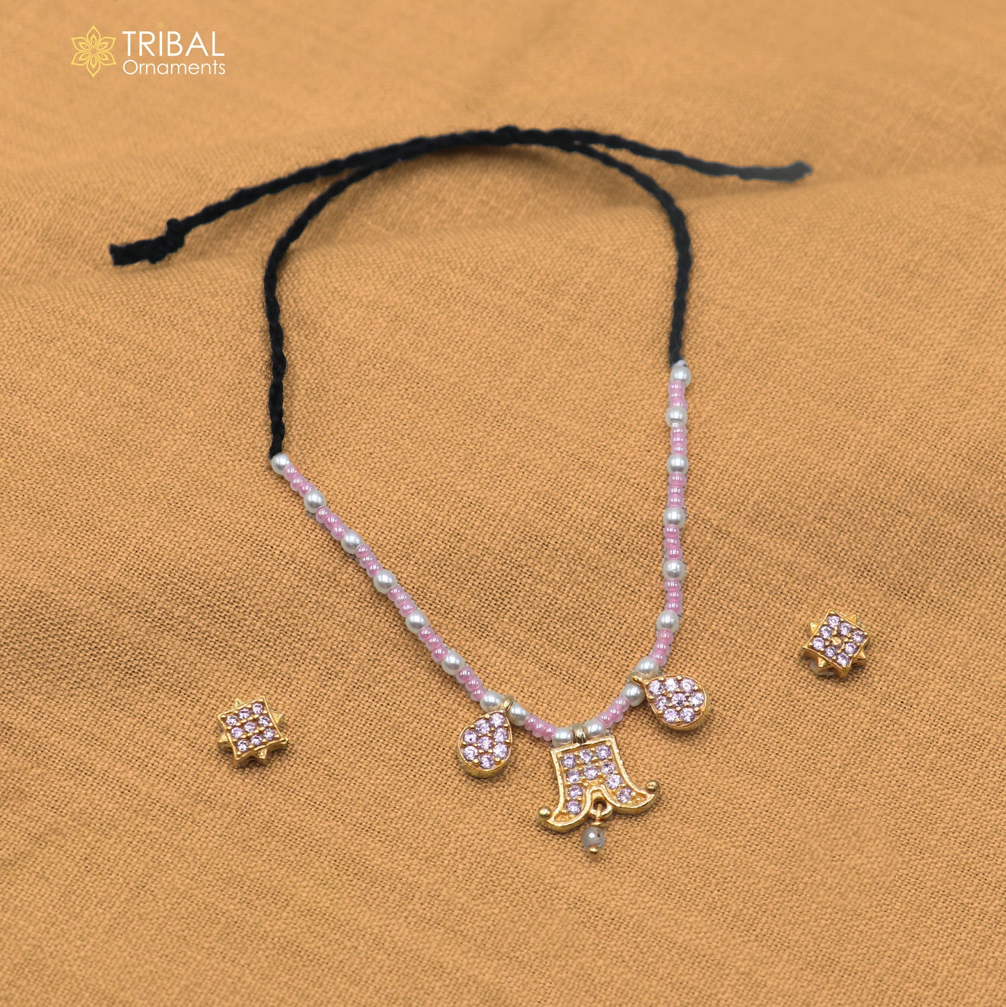 925 sterling silver pearl and light pink stone necklace for idols or god statues gold polished jewelry set882