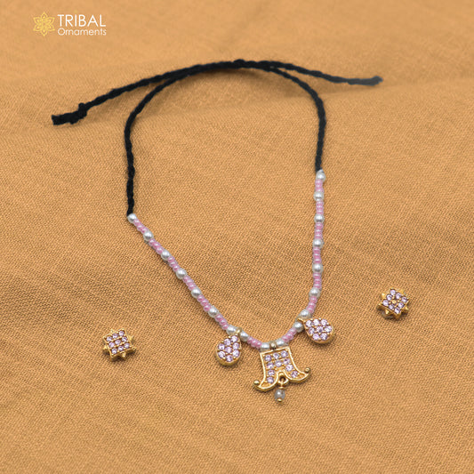 925 sterling silver pearl and light pink stone necklace for idols or god statues gold polished jewelry set882