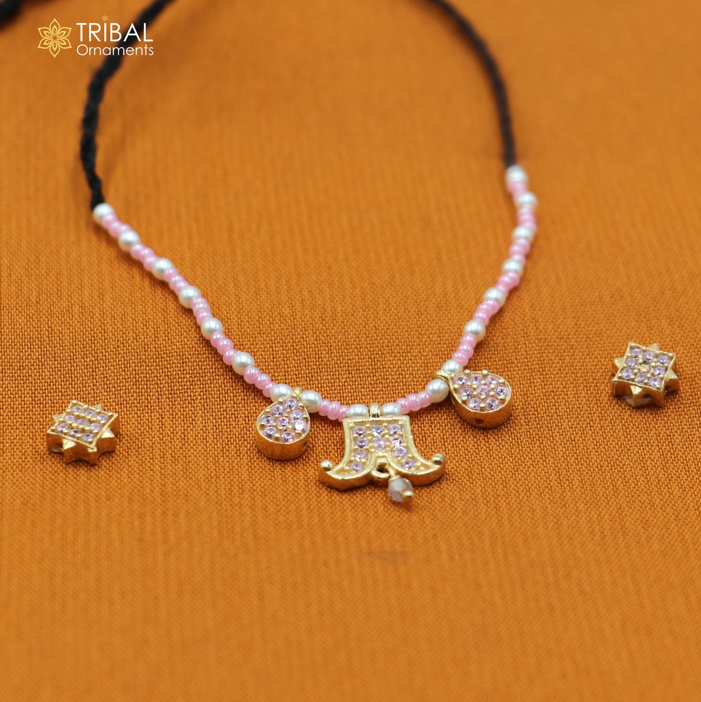925 sterling silver pearl and light pink stone necklace for idols or god statues gold polished jewelry set882