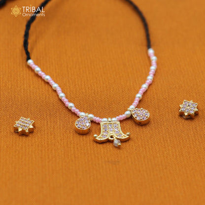 925 sterling silver pearl and light pink stone necklace for idols or god statues gold polished jewelry set882