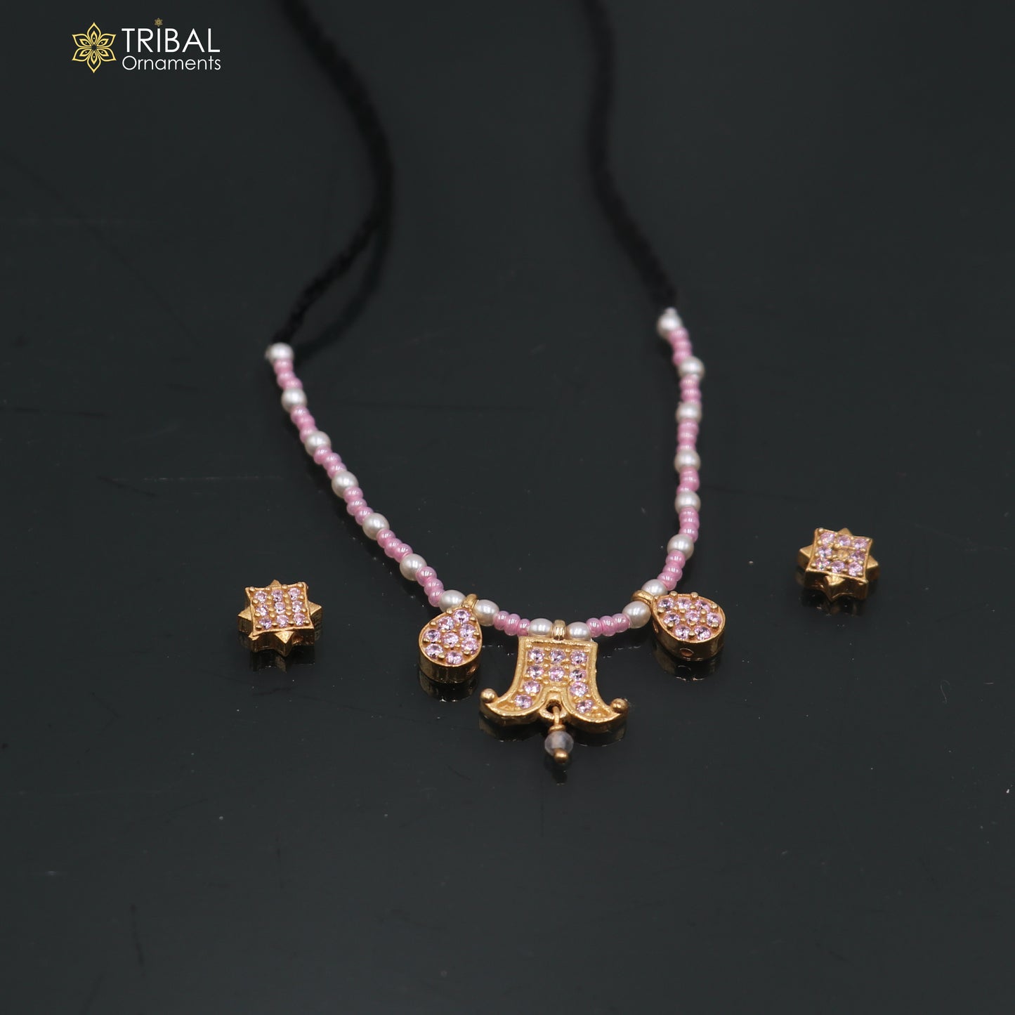 925 sterling silver pearl and light pink stone necklace for idols or god statues gold polished jewelry set882