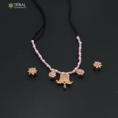925 sterling silver pearl and light pink stone necklace for idols or god statues gold polished jewelry set882