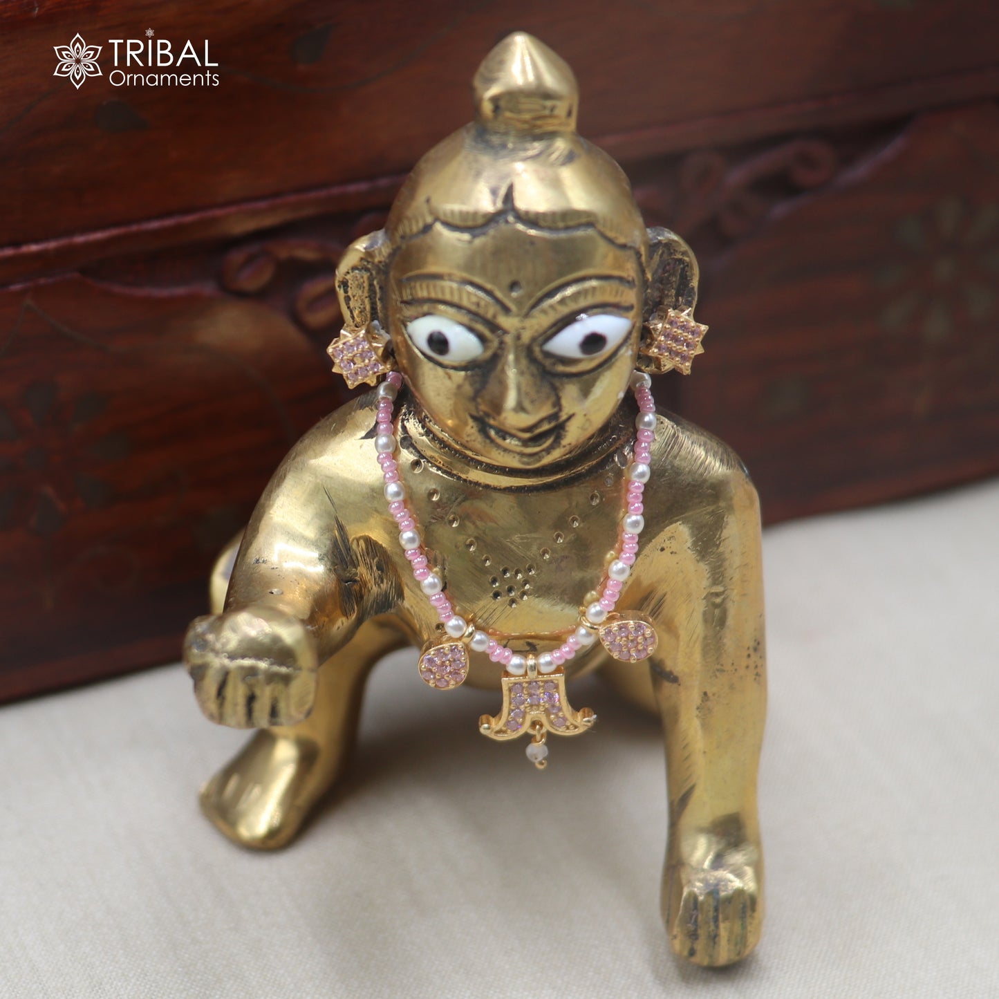 925 sterling silver pearl and light pink stone necklace for idols or god statues gold polished jewelry set882