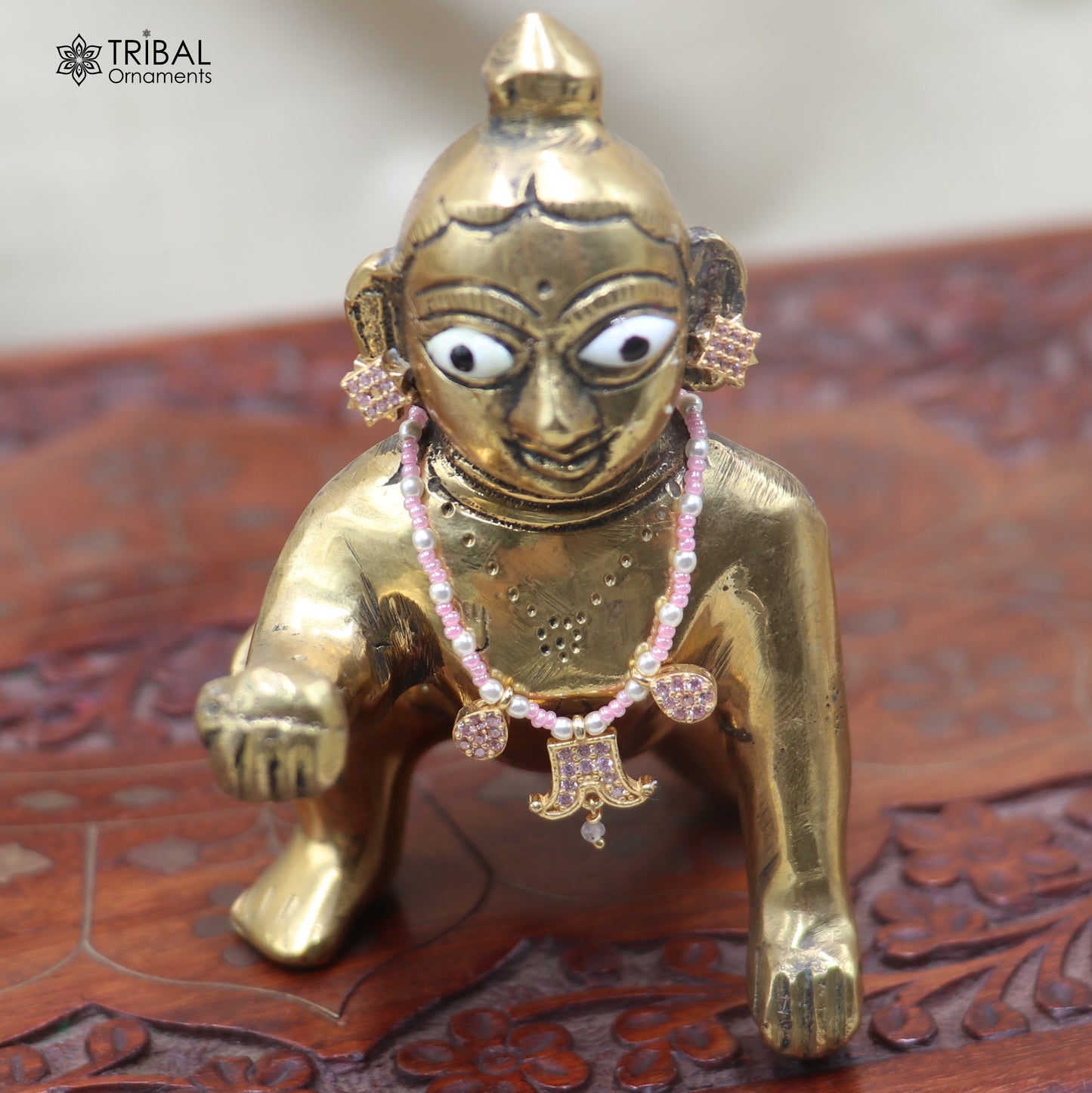 925 sterling silver pearl and light pink stone necklace for idols or god statues gold polished jewelry set882