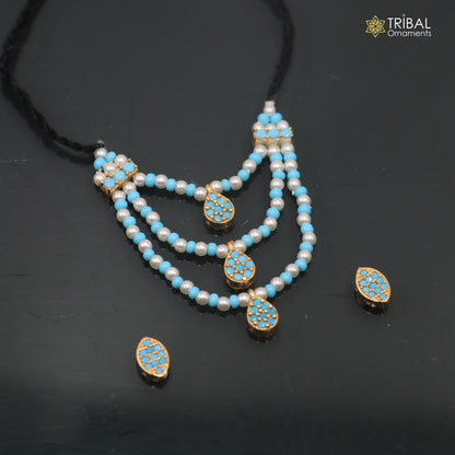 925 sterling silver pearl and turquoise stone necklace for idols or god statues gold polished jewelry set883
