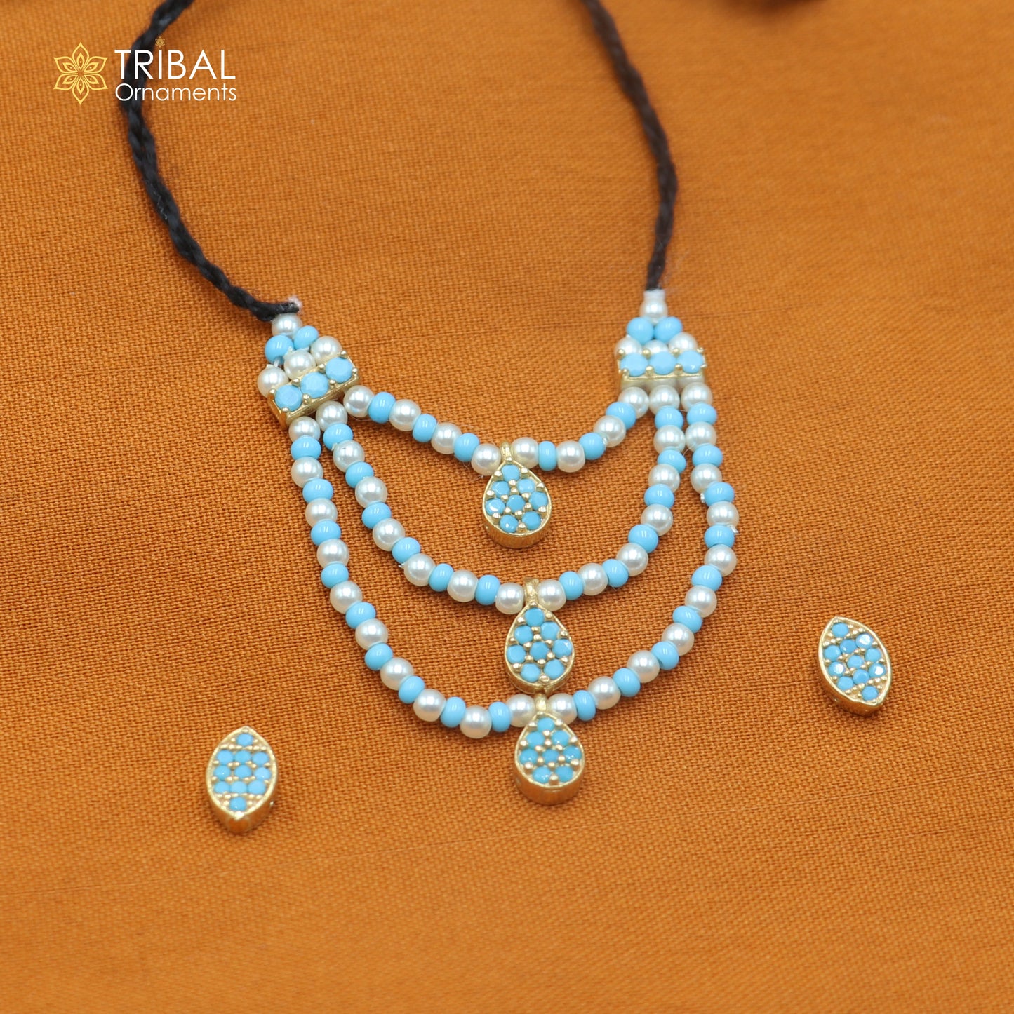 925 sterling silver pearl and turquoise stone necklace for idols or god statues gold polished jewelry set883