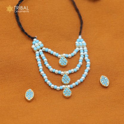 925 sterling silver pearl and turquoise stone necklace for idols or god statues gold polished jewelry set883