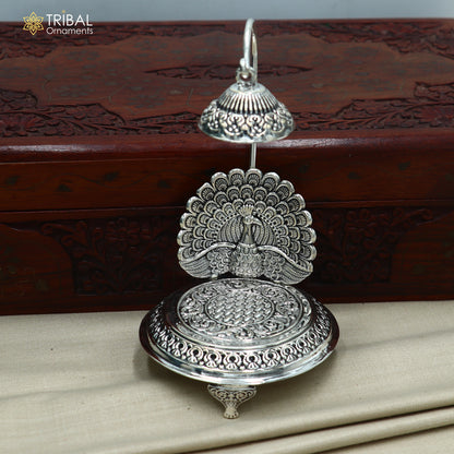 925 sterling silver peacock design God statue's chair Singhasan, throne temple puja article art892