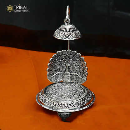 925 sterling silver peacock design God statue's chair Singhasan, throne temple puja article art892