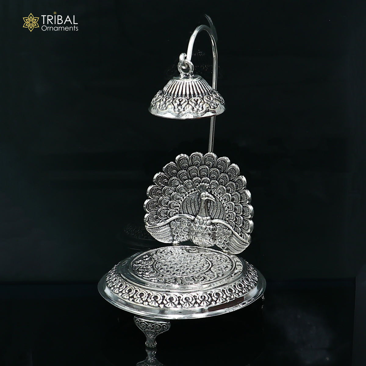 925 sterling silver peacock design God statue's chair Singhasan, throne temple puja article art892