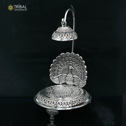 925 sterling silver peacock design God statue's chair Singhasan, throne temple puja article art892