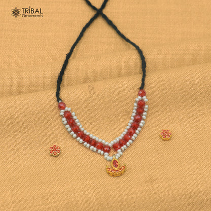925 sterling silver pearl and red stone necklace for idols or god statues gold polished jewelry set893