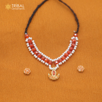 925 sterling silver pearl and red stone necklace for idols or god statues gold polished jewelry set893