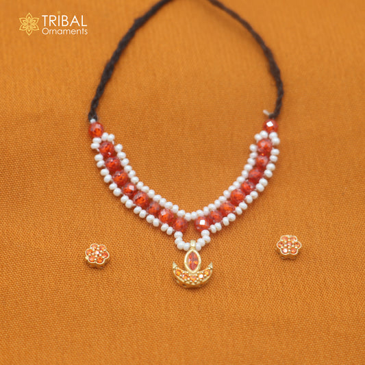 925 sterling silver pearl and red stone necklace for idols or god statues gold polished jewelry set893