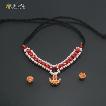 925 sterling silver pearl and red stone necklace for idols or god statues gold polished jewelry set893