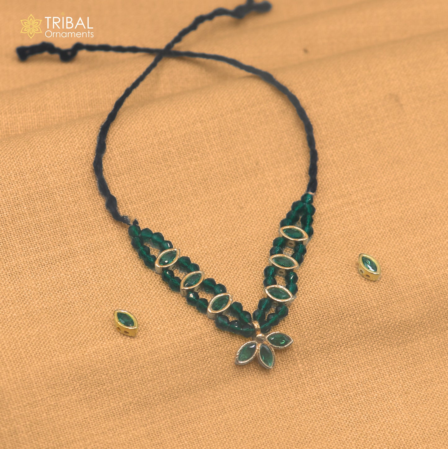 925 sterling silver green stone necklace for idols or god statues gold polished jewelry set894