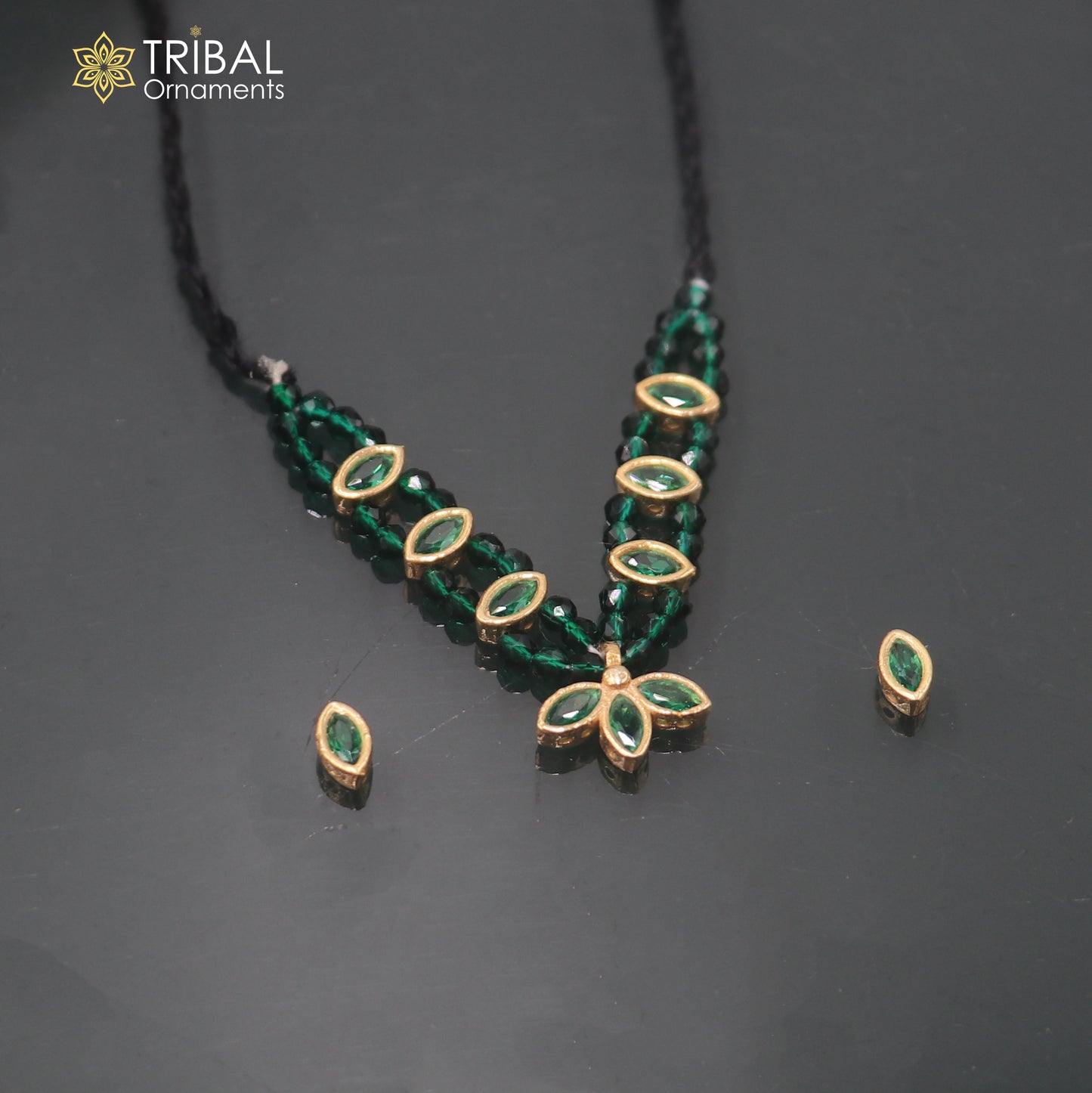 925 sterling silver green stone necklace for idols or god statues gold polished jewelry set894