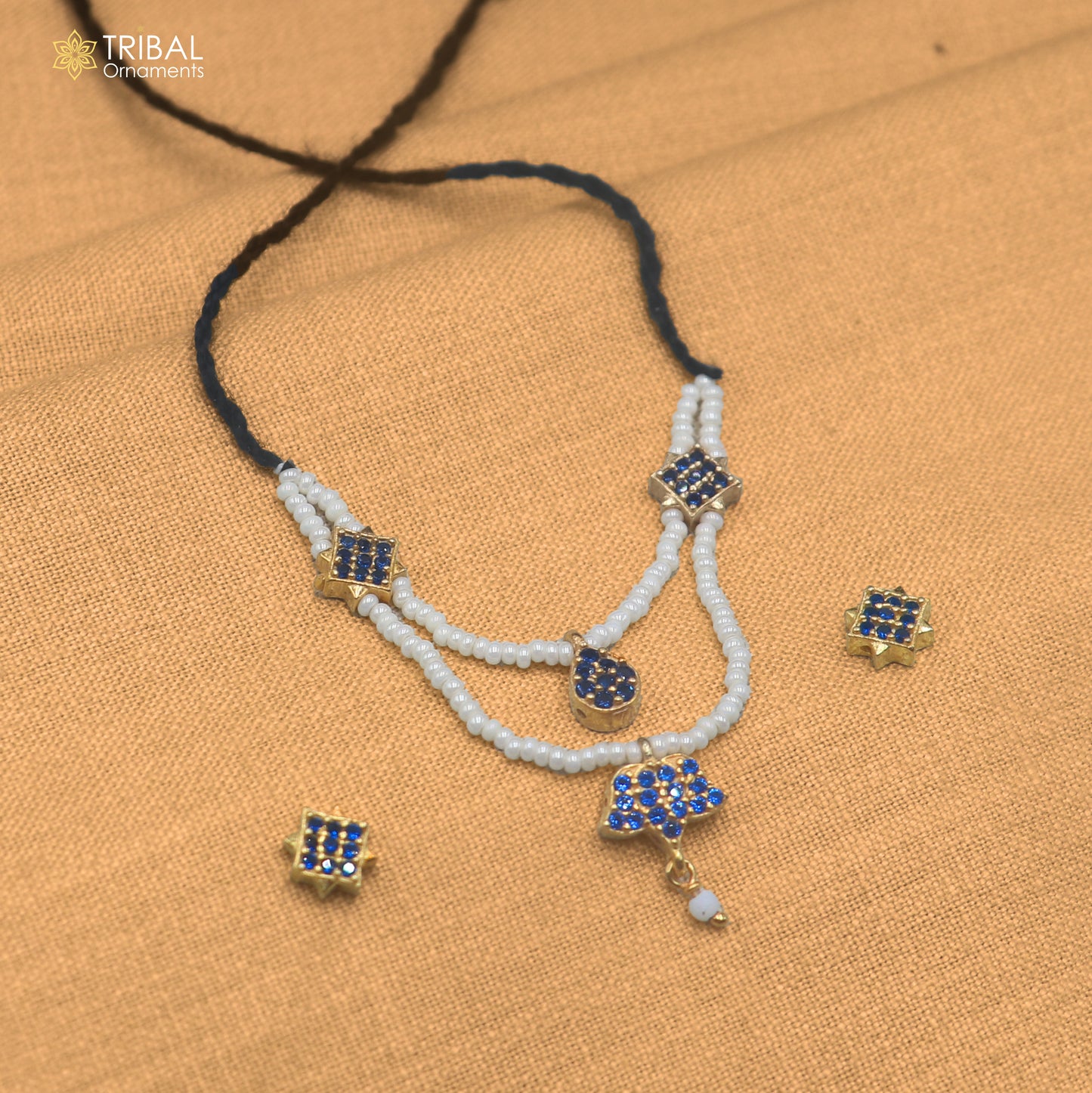 925 sterling silver pearl and blue stone necklace for idols or god statues gold polished jewelry set895