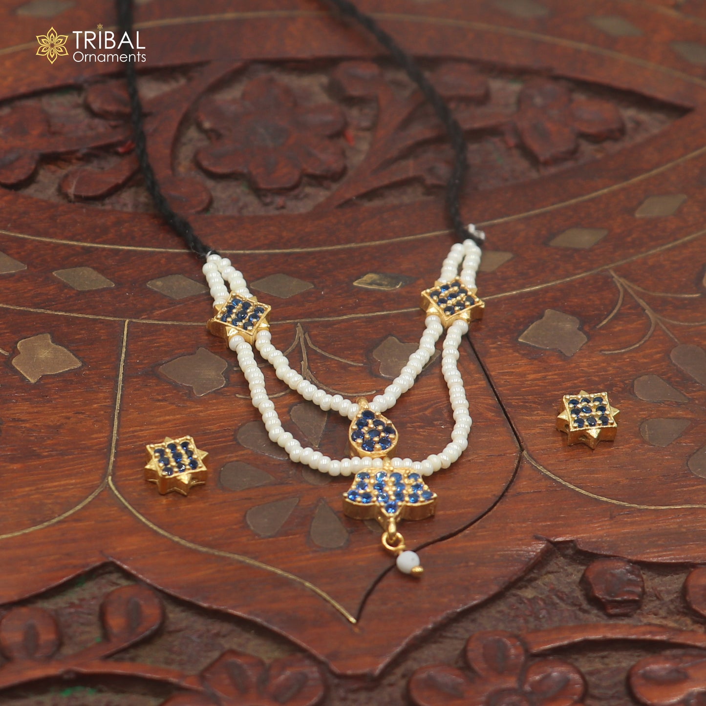 925 sterling silver pearl and blue stone necklace for idols or god statues gold polished jewelry set895