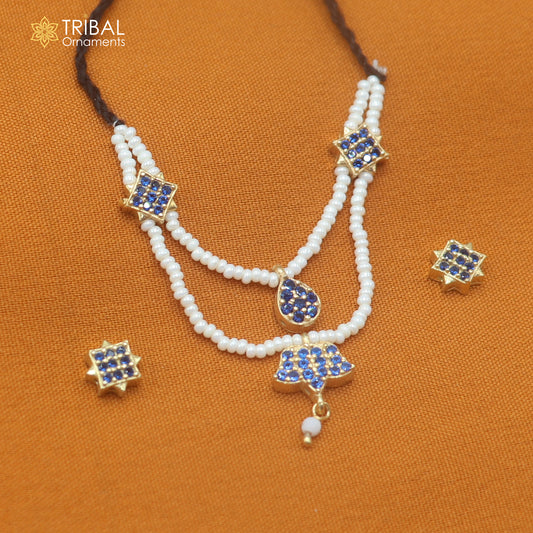 925 sterling silver pearl and blue stone necklace for idols or god statues gold polished jewelry set895
