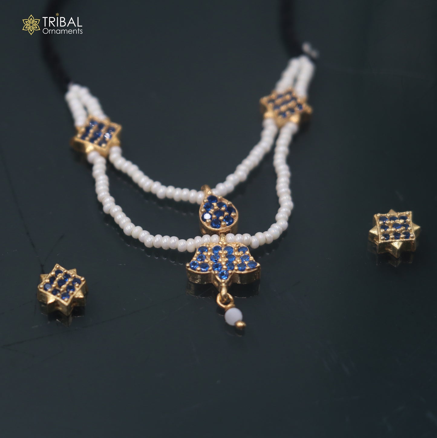 925 sterling silver pearl and blue stone necklace for idols or god statues gold polished jewelry set895