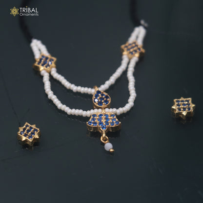925 sterling silver pearl and blue stone necklace for idols or god statues gold polished jewelry set895