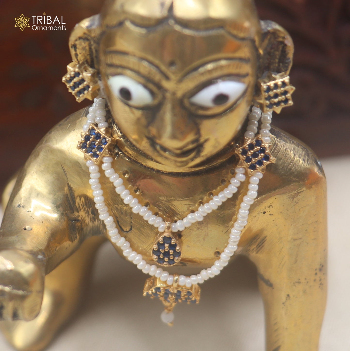 925 sterling silver pearl and blue stone necklace for idols or god statues gold polished jewelry set895
