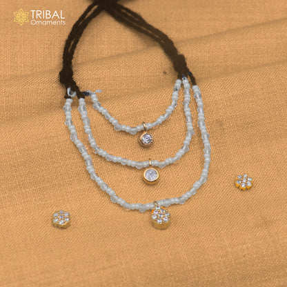 925 sterling silver pearl and white stone necklace for idols or god statues gold polished jewelry set896