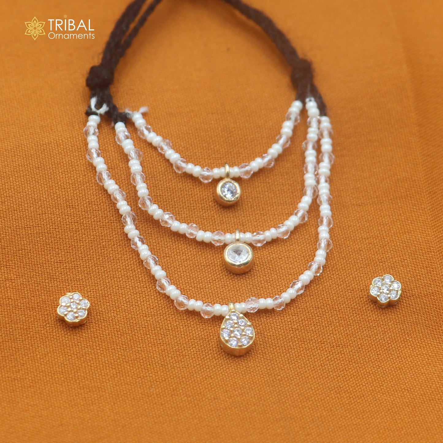 925 sterling silver pearl and white stone necklace for idols or god statues gold polished jewelry set896