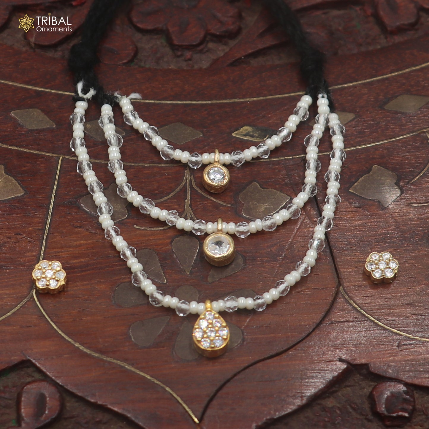 925 sterling silver pearl and white stone necklace for idols or god statues gold polished jewelry set896