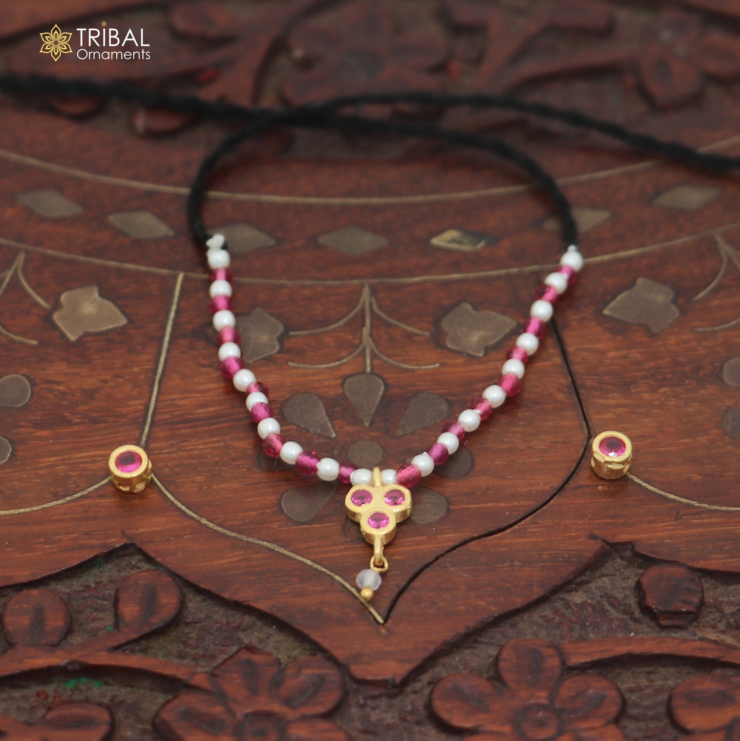 925 sterling silver pearl and pink stone necklace for idols or god statues gold polished jewelry set897