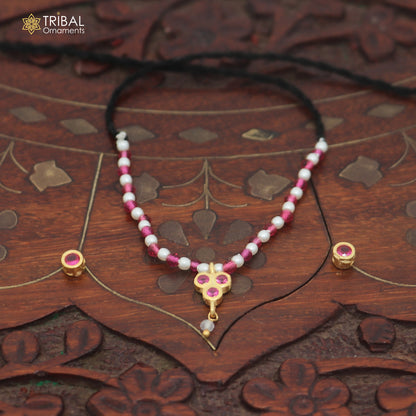925 sterling silver pearl and pink stone necklace for idols or god statues gold polished jewelry set897