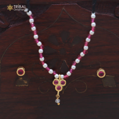 925 sterling silver pearl and pink stone necklace for idols or god statues gold polished jewelry set897