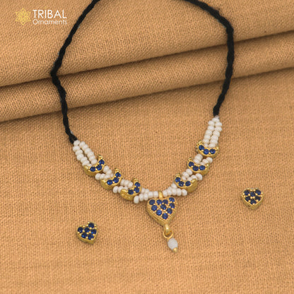 925 sterling silver pearl and blue stone necklace for idols or god statues gold polished jewelry set900
