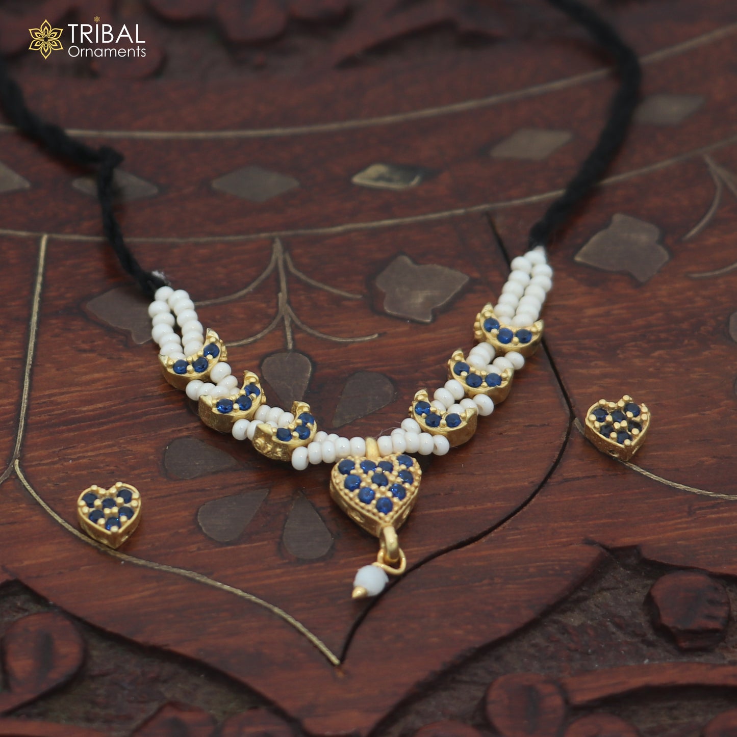 925 sterling silver pearl and blue stone necklace for idols or god statues gold polished jewelry set900