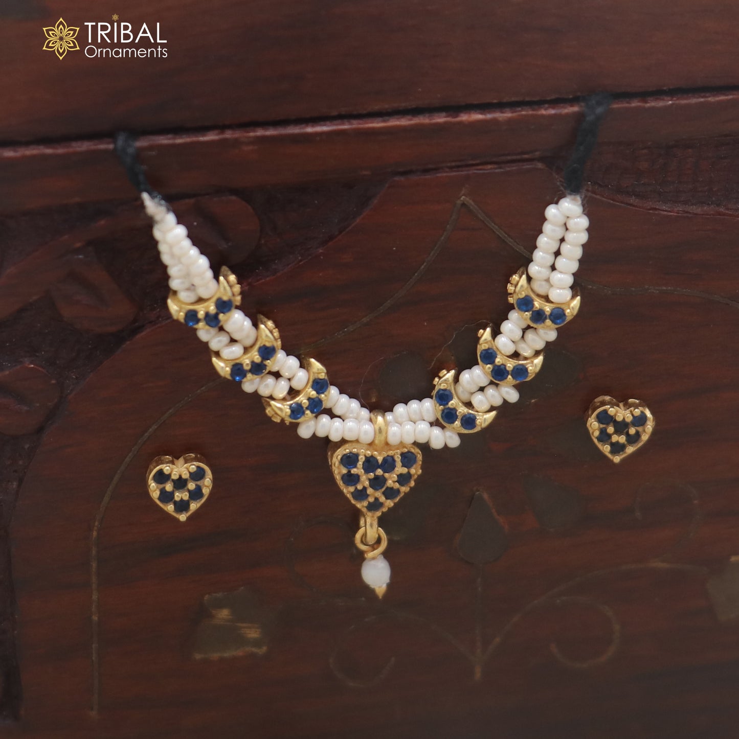 925 sterling silver pearl and blue stone necklace for idols or god statues gold polished jewelry set900