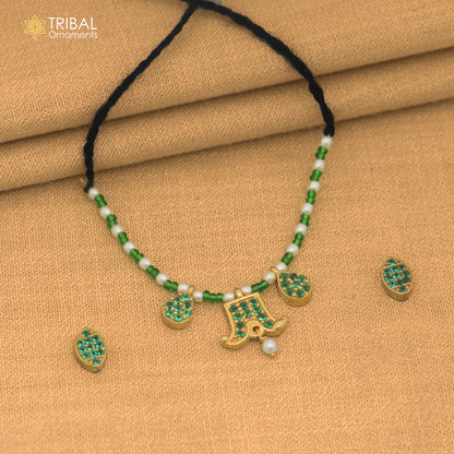 925 sterling silver pearl and green stone necklace for idols or god statues gold polished jewelry set901