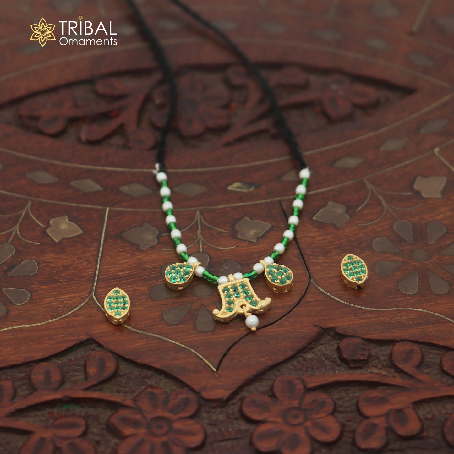 925 sterling silver pearl and green stone necklace for idols or god statues gold polished jewelry set901