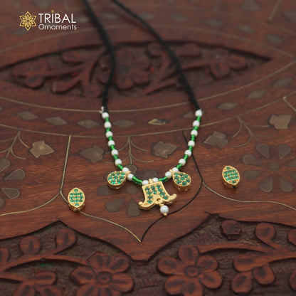 925 sterling silver pearl and green stone necklace for idols or god statues gold polished jewelry set901