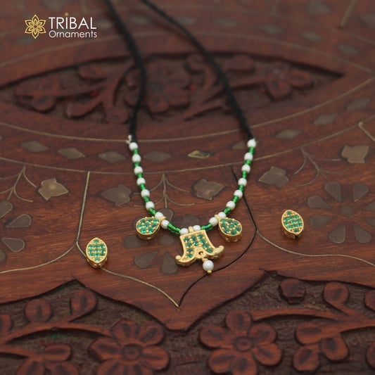 925 sterling silver pearl and green stone necklace for idols or god statues gold polished jewelry set901