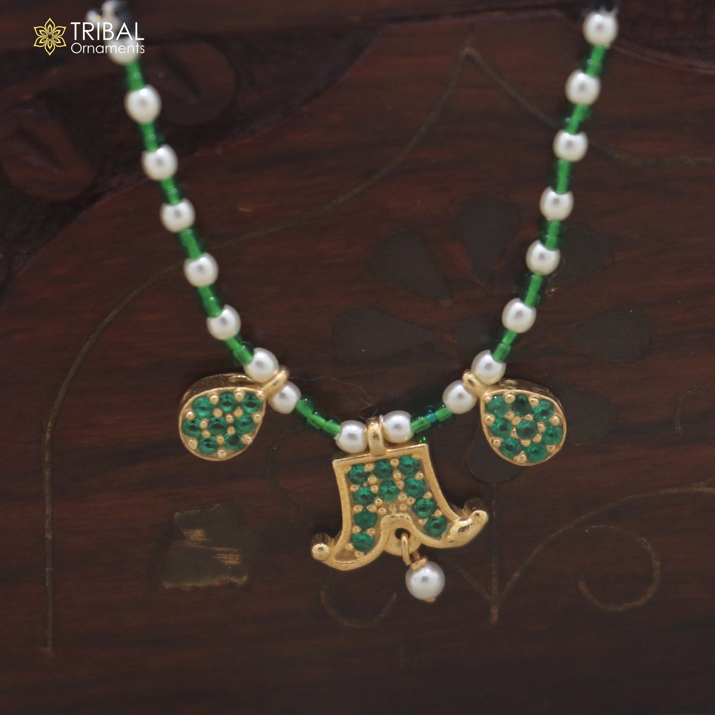 925 sterling silver pearl and green stone necklace for idols or god statues gold polished jewelry set901