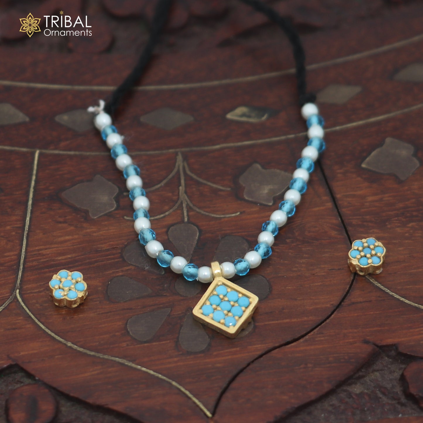 925 sterling silver pearl and turquoise stone necklace for idols or god statues gold polished jewelry set902
