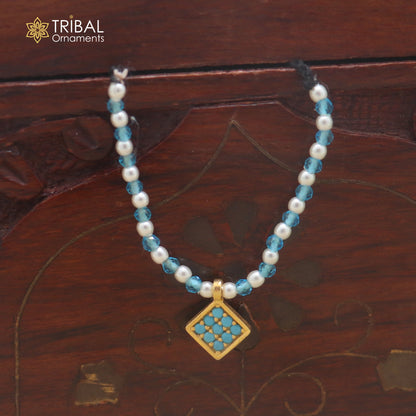 925 sterling silver pearl and turquoise stone necklace for idols or god statues gold polished jewelry set902