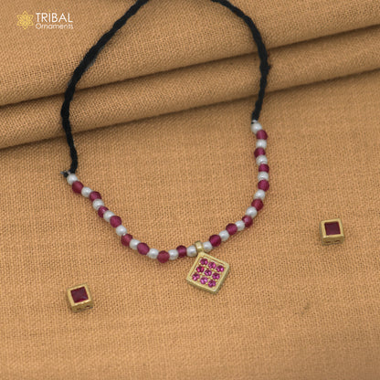 925 sterling silver pearl and pink stone necklace for idols or god statues gold polished jewelry set903